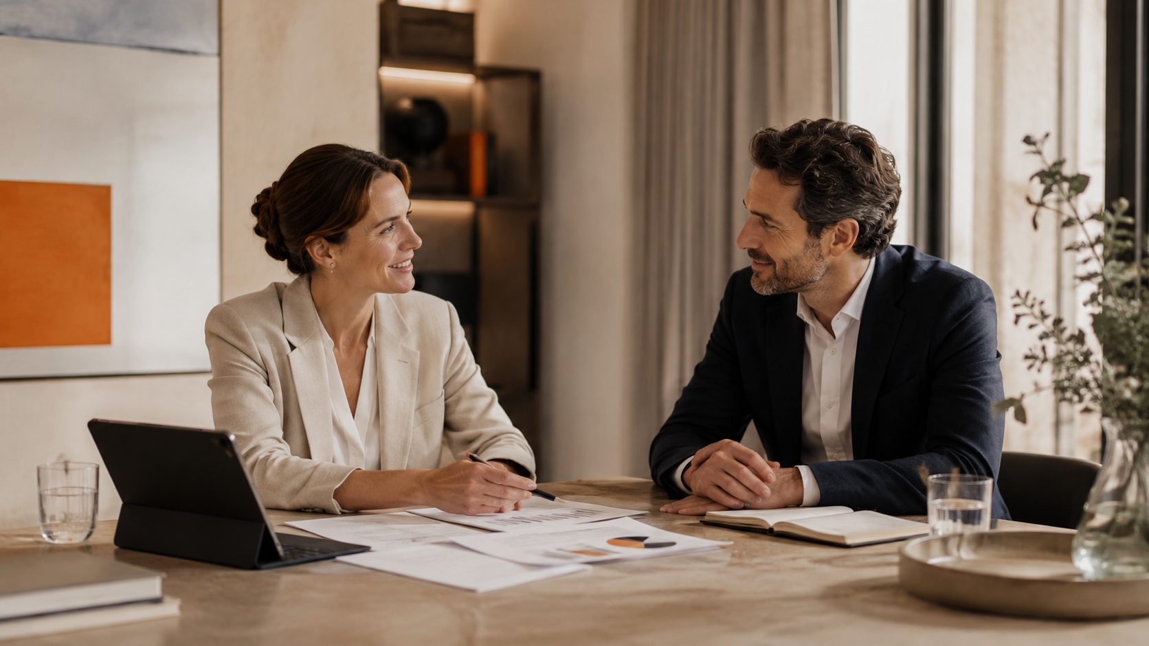 Table de travail avec documents financiers, symbole d'une décision stratégique en construction