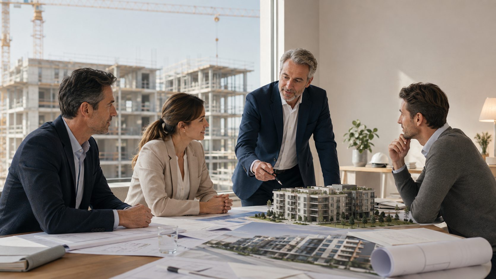 Promoteur immobilier échangeant avec son expert-comptable ADALTA sur le pilotage d’une opération