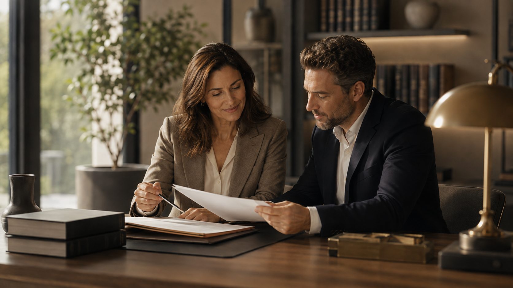 Deux associés examinant un document de gouvernance avec leur expert-comptable
