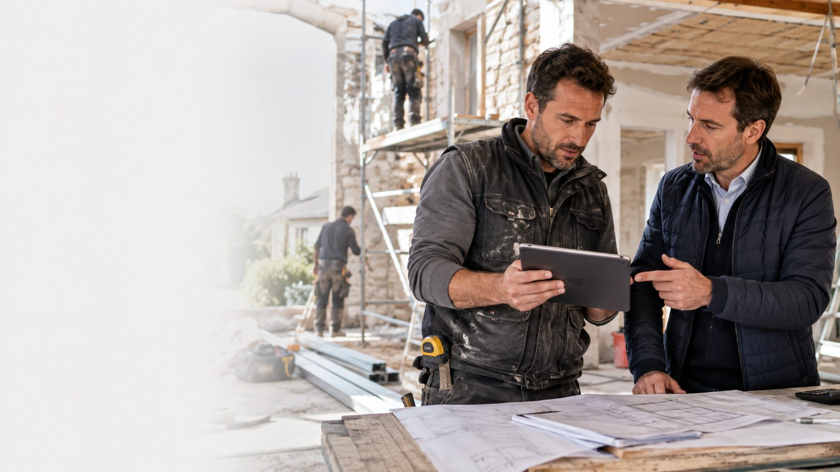 Artisan du bâtiment et expert-comptable consultant une tablette ensemble sur un chantier de rénovation