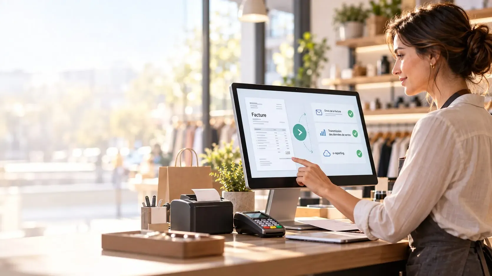 Commerçante émettant une facture électronique depuis sa caisse et son ordinateur