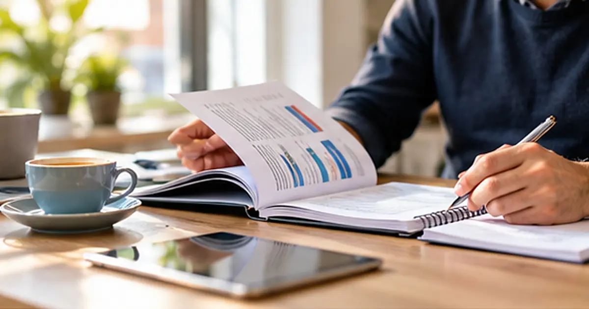 Chef d’entreprise consultant un guide pratique et prenant des notes