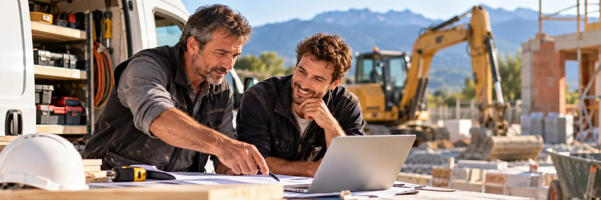 Artisans du bâtiment étudiant un projet d'investissement et de développement sur un chantier