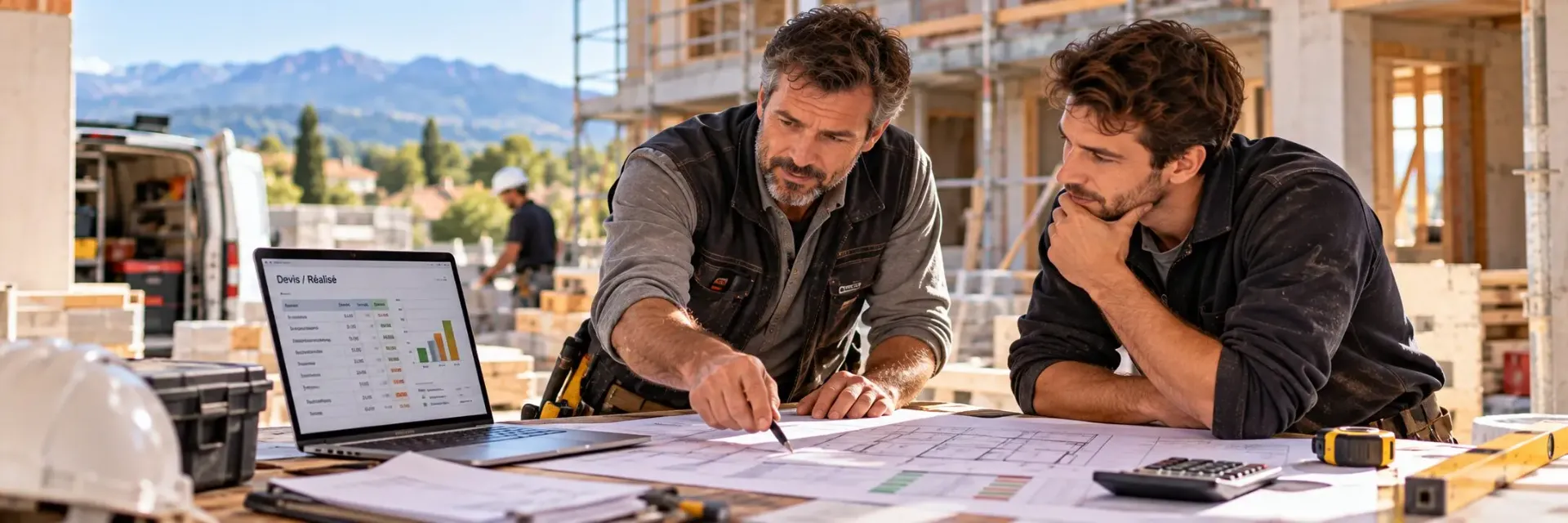 Artisans du bâtiment analysant la marge et la rentabilité d'un chantier sur plans et ordinateur