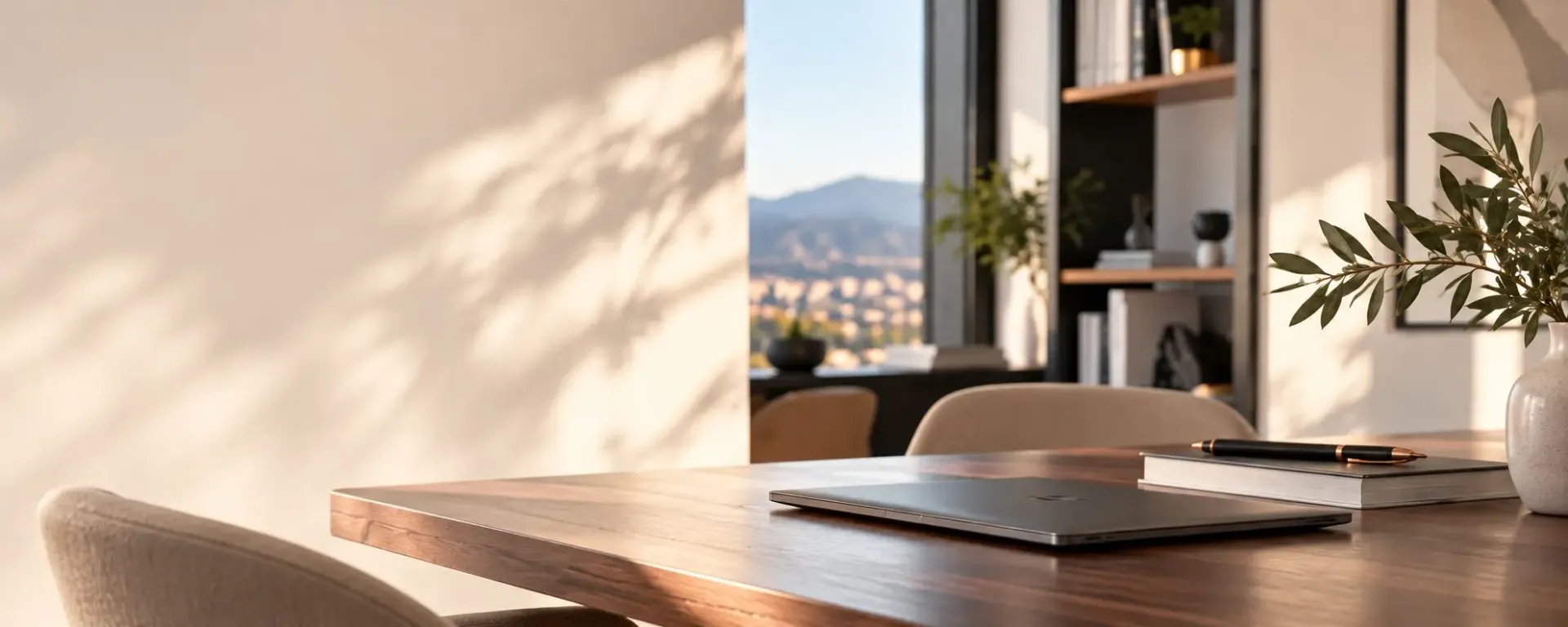 Espace de rendez-vous lumineux du cabinet d’expertise-comptable ADALTA à Perpignan, table de travail et vue sur les collines