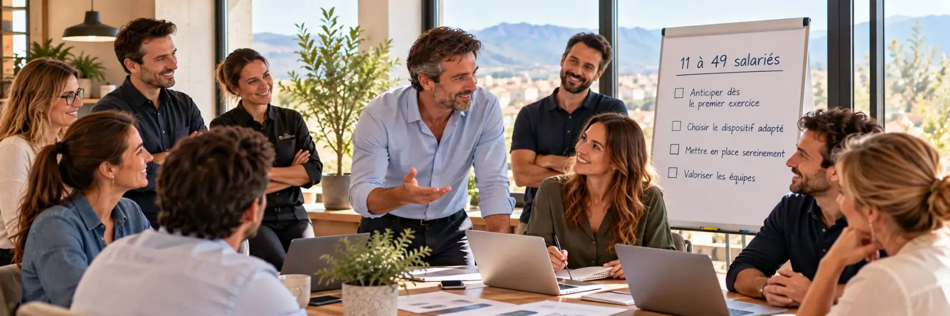 Réunion d'équipe sur l'obligation de partage de la valeur des entreprises de 11 à 49 salariés