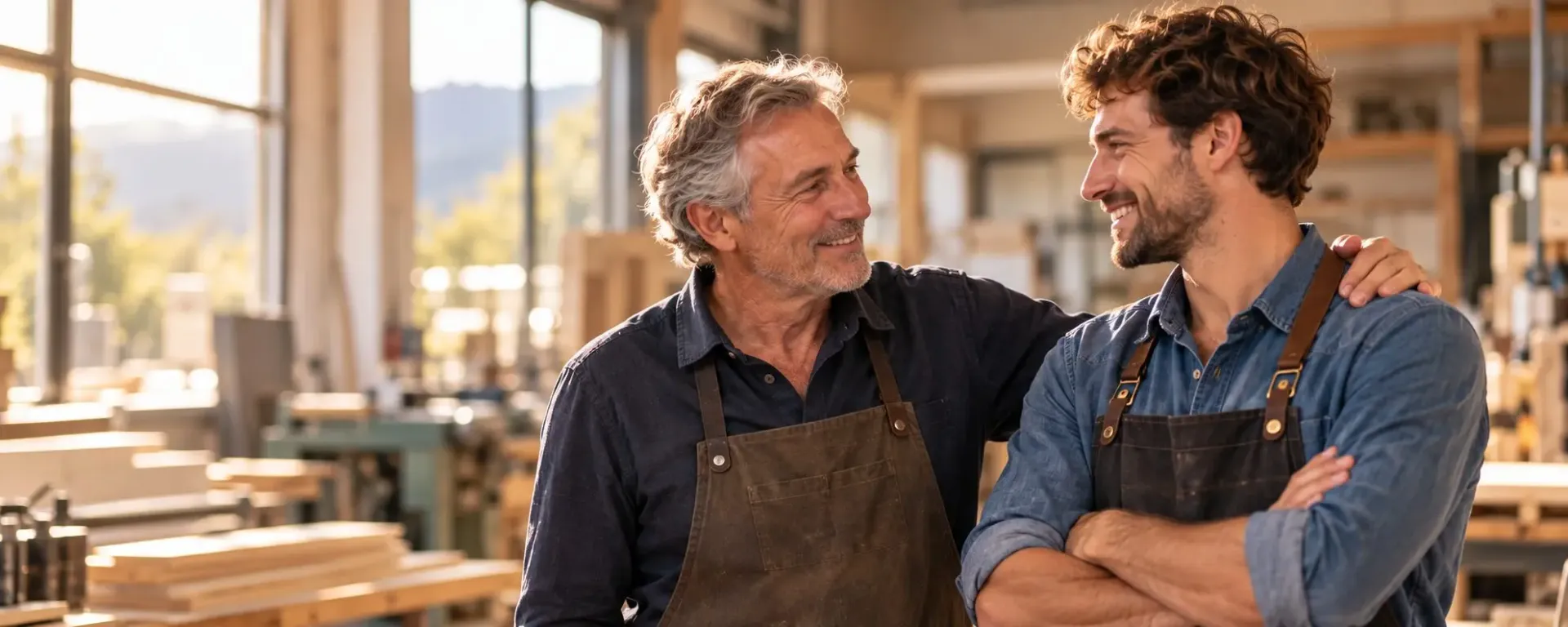 Chef d'entreprise et son fils dans leur atelier, symbole d'une transmission familiale par pacte Dutreil