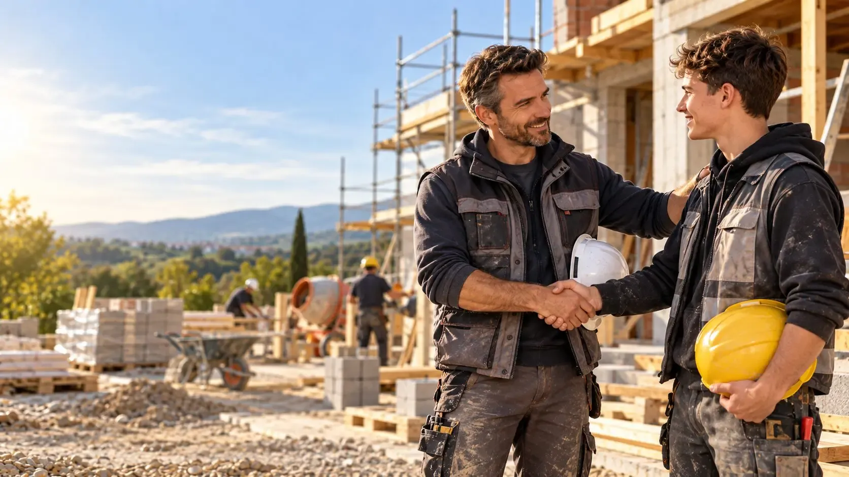 Chef d'entreprise du bâtiment accueillant un nouveau salarié sur un chantier