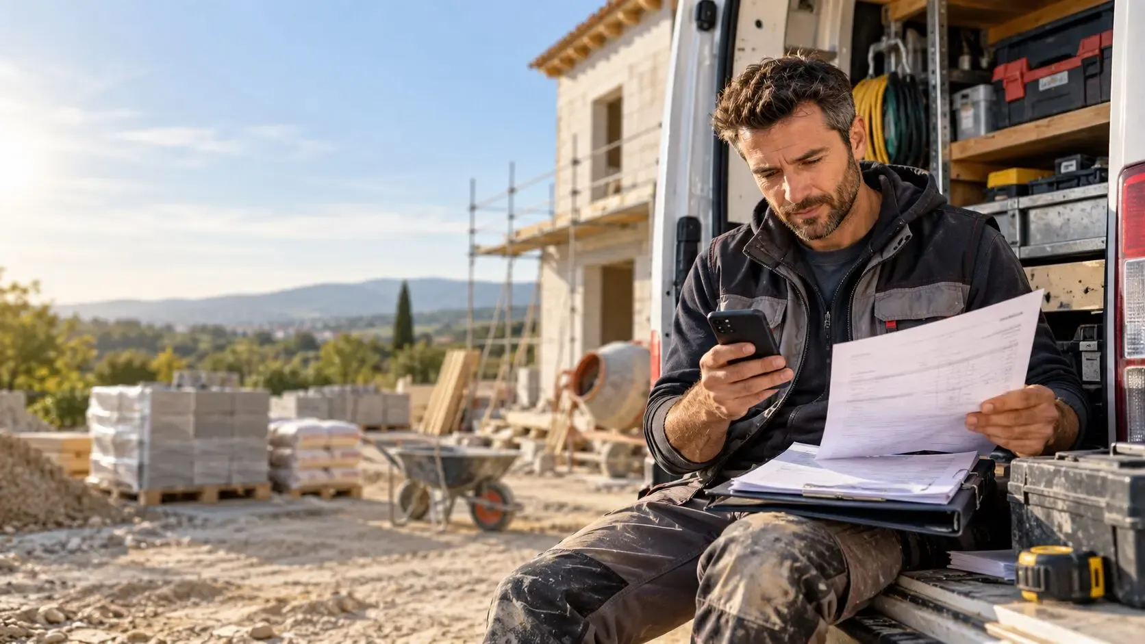 Artisan vérifiant ses factures et sa trésorerie depuis son utilitaire sur un chantier