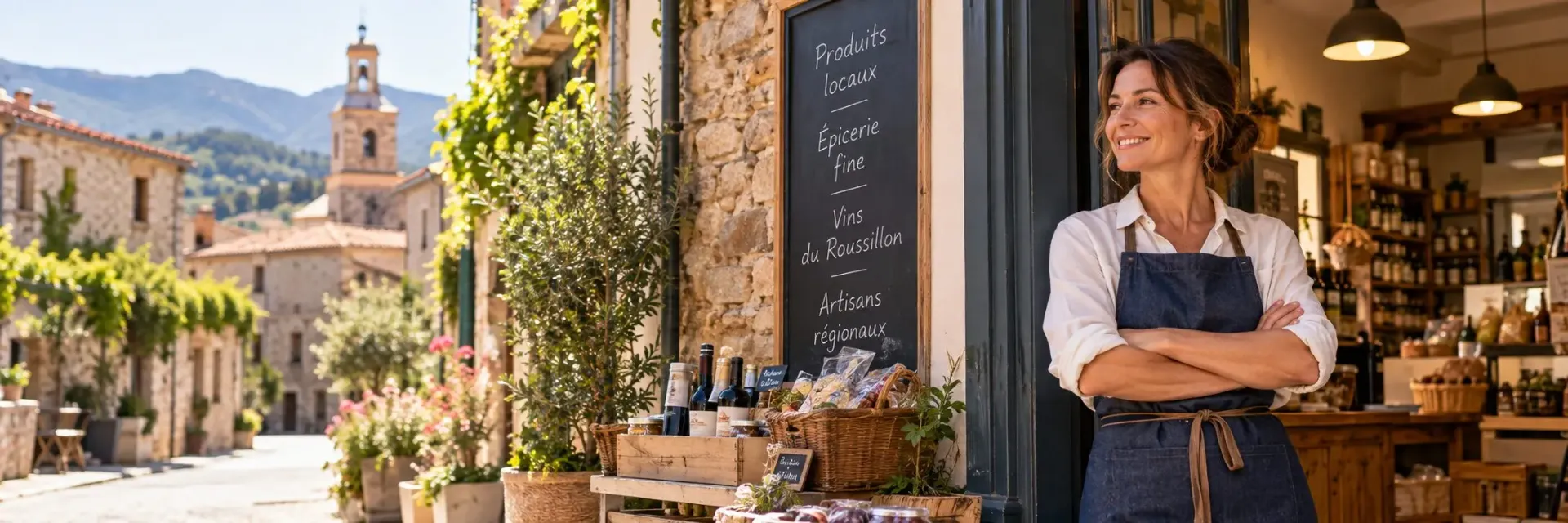 Commerçante devant sa boutique de produits locaux dans un village en zone rurale