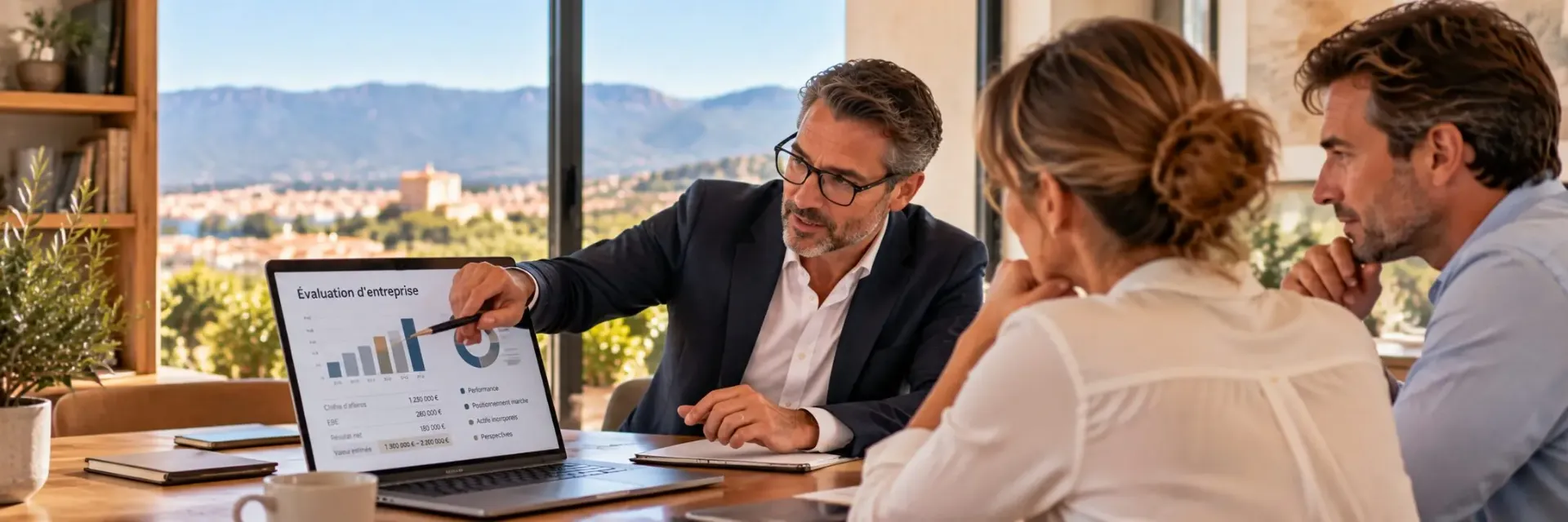 Expert-comptable présentant une évaluation d'entreprise à des dirigeants