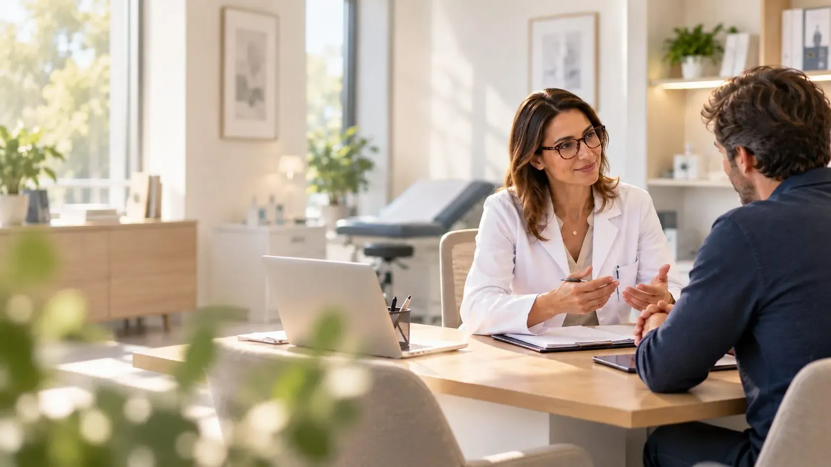 Médecin dans son cabinet médical échangeant avec son expert-comptable ADALTA