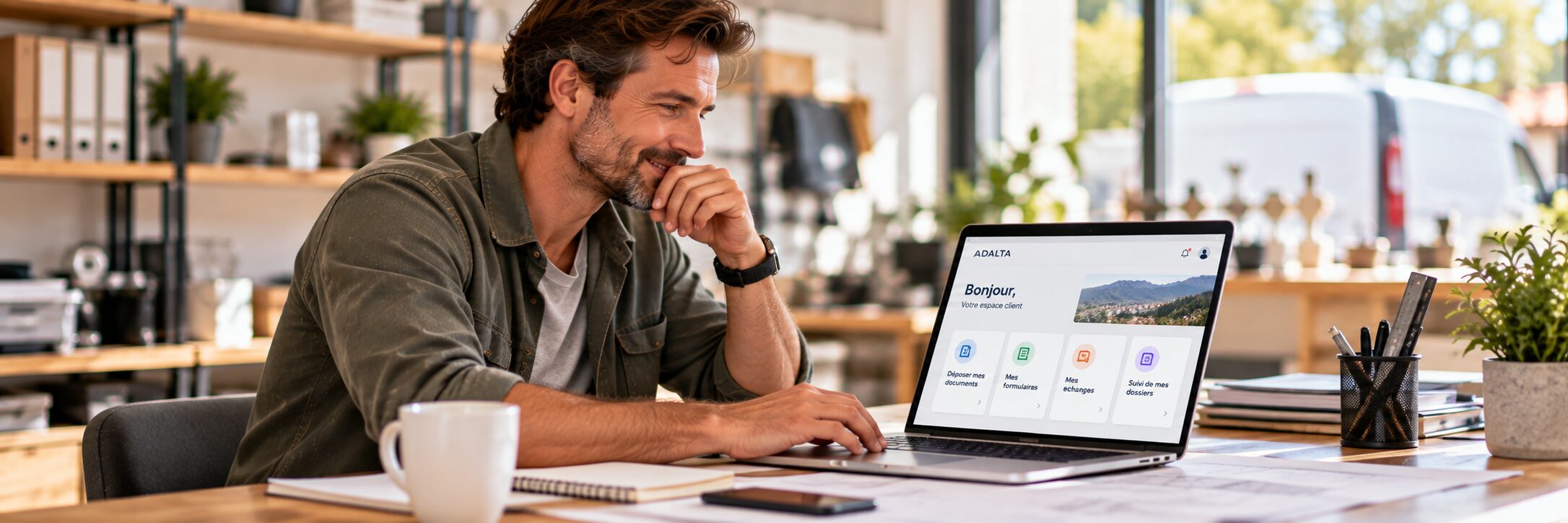Dirigeant consultant son espace client ADALTA sur ordinateur portable