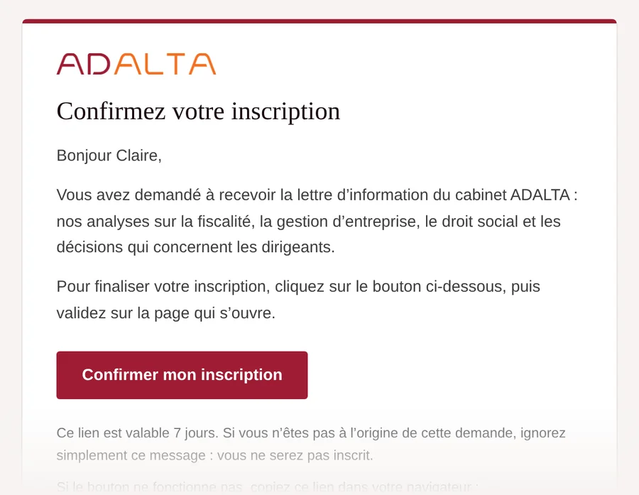 Aperçu de l’e-mail de confirmation de la newsletter expert-comptable du cabinet ADALTA